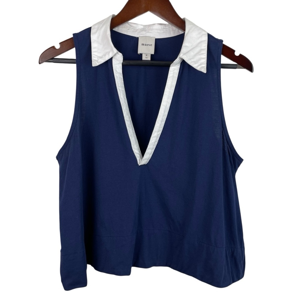 Maeve | Navy White Collared Swing Crop Sleeveless Top